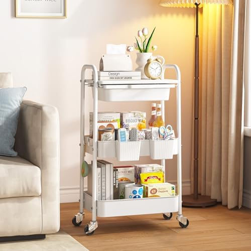 KINGRACK 3 Tier Metal Rolling Cart with Drawer, White Utility Storage Cart | 2 Cups & 4 Hooks, Lockable Wheels, Trolley Organizer for Bathroom, Kitchen, Office, Nursery, Dorm, Laundry, Craft Room - Image 2