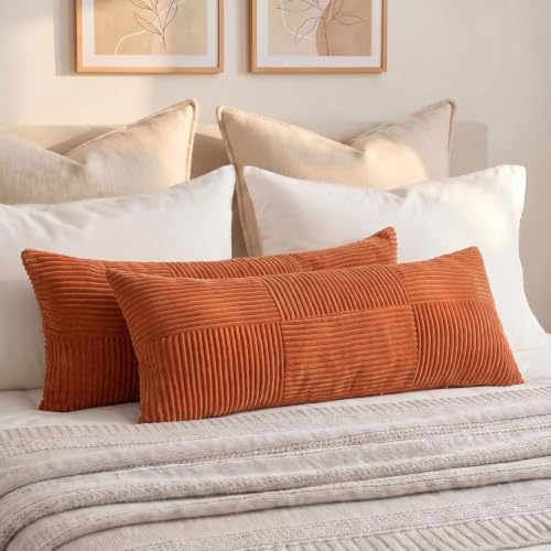 Fancy Homi Set of 2 Burnt Orange Boho Long Lumbar Body Decorative Throw Pillow Cover 14x36 Inch for Bed Couch Bedroom Bench, Soft Patchwork Corduroy Textured Pillow Case, Rustic Farmhouse Room Décor by Fancy+Homi