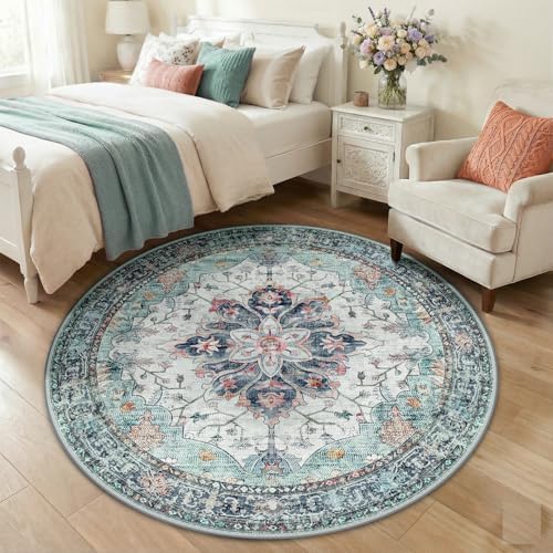 RELEANY Washable Area Rug, Round 5ft, Teal Green/White/Navy - Image 2