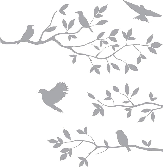 Picniva Silver 20'' X 59'' Burnish Birds & Blossoms Vinyl Wall Decal Art Décor by Picniva