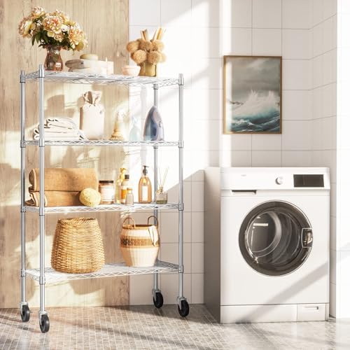 Auslar 4-Shelf Storage Shelves with Casters Heavy Duty 4 Tiers Rolling Cart Utility Racks Adjustable Wire Metal Shelving, Chrome - Image 2