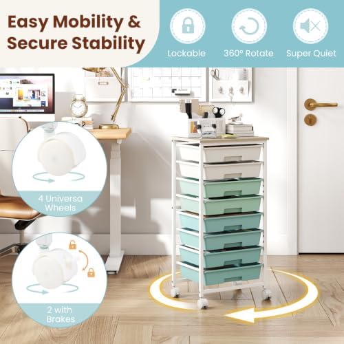 Giantex 8 Drawers Rolling Cart with Wheels, Wood Top, Sturdy Frame - Image 7