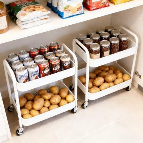 2 Pack Two Tier Rolling Cart with Wheels Small Pantry Floor Organizer Under Desk Storage Metal Short Utility Cart for Small Space, Kitchen Shelf Laundry Room Bathroom Organization, White by LIWNYRK