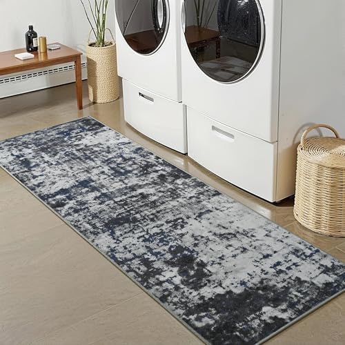 2x6 Washable Runner Rug Non Slip Runners for Hallway, Kitchen Soft Stain Resistant Floor Carpet with Rubber Backing Abstract Rugs for Entryway, Bedroom, Bathroom, Laundry Room, Dark Grey Blue - Image 5