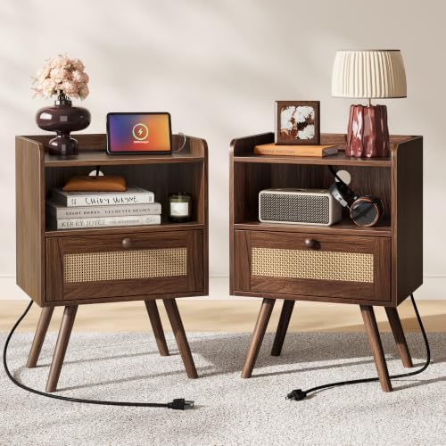 SUPERJARE Nightstands Set of 2, Night Stands with Charging Station by SUPERJARE