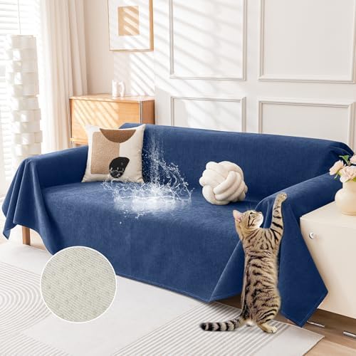Deep Dream Cat-Scratch Resistant Couch Cover, Waterproof Sofa Cover for 3 Cushion Couch Washable, Pet Friendly Couch Protectors Anti Slip Thickened Love Seat Slipcovers for Dogs Pets,91" x 150",Blue by DeepDream