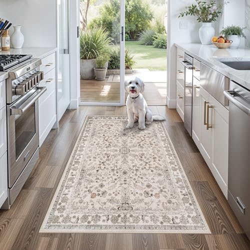 3x6 Kitchen Runner Rug Non Slip Washable - Soft Low Pile Stain-Resistant Wide Carpet Runner for Hallway Entryway Bedroom Bathroom with Rubber Backing - Boho Floral Door Mat(Beige,3x6) by BYYVOORugsforYourHome