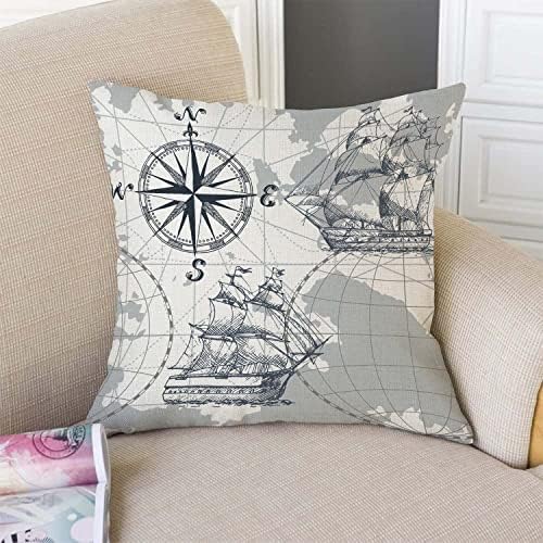 TSSOHU Nautical Sailboat Map Throw Pillow Cover Ship Anchor Cotton Linen Decorative Pillow Case Cushion Cover Home Sofa Decor 18x18 Inch Pillow Cover - Image 2