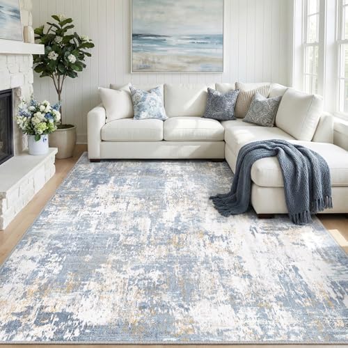 RELEANY Washable 9'x12' Abstract Area Rug for Living Room Light Blue by RELEANY