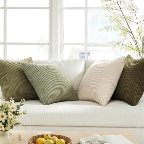Topfinel Boho Farmhouse Green White Throw Pillow Covers 16x16 Inch Set of 4 Mordern Nordic Cushion Covers Soft Corduroy Spring Home Decor for Couch Bed Sofa Living Room Forest Green - Image 3