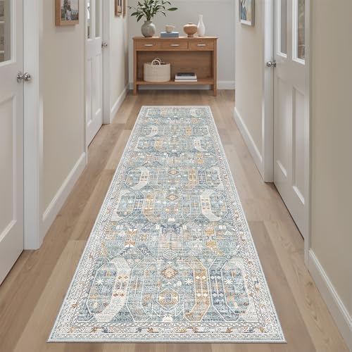Madane Hallway Runner Rug 2x8 Washable Kitchen Rugs Non-Slip, Blue/Gold by Madane