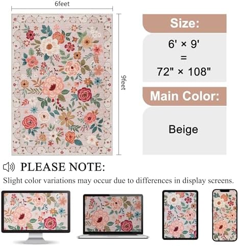 DUKINO 6x9 Area Rugs, Floral Washable Rug for Bedroom Non Slip, Beige - Image 2