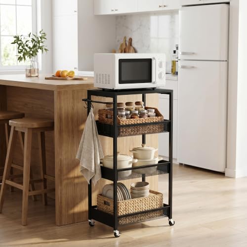 Rolling Utility Cart, 4 Tier Metal Storage Cart with Handle and Wood Top, Multifunctional Mobile Shelf Unit Organizer Trolley for Laundry, Bathroom, Kitchen - Image 5