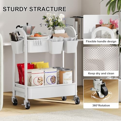 2 Tier Rolling Cart Metal with Wheels,White Under Desk Storage Roller Carts - Image 7