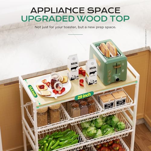 Cinati 4-Tier Utility Kitchen Cart with Wood Top, 29" W Kitchen Storage Cart with 8 Baskets & Handle, Metal Snack Cart with Wheels, Adjustable Pantry Organizer and Storage Cart for Fruit, Vegetables - Image 2