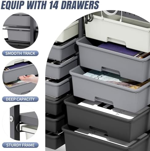 14 Drawer Rolling Storage Cart with Tabletop and Pegboard for Crafts Grey - Image 4