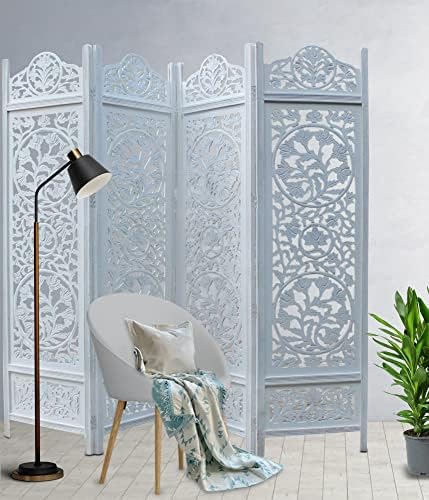 COTTON CRAFT Room Divider Wood Screen - Hand Carved Folding 4 Panels 72x80 - Image 4
