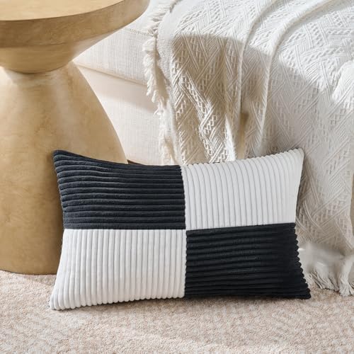 Fancy Homi Set of 2 Black White Lumbar Decorative Throw Pillow Covers 12x20 Inch for Living Room Bedroom Couch Bed Sofa, Soft Striped Corduroy Modern Rectangle Accent Cushion Case 30x50 cm - Image 2