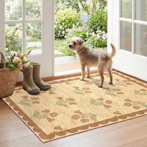 Floral Outdoor Rug - 28" x 43" Front Door Mat Indoor Outside Entrance Non-Slip Washable Outdoor Mat Jute-Look Tan Scalloped Rug for Entryway Kitchen Mudroom Layered Doormat for Front Porch by Othilic