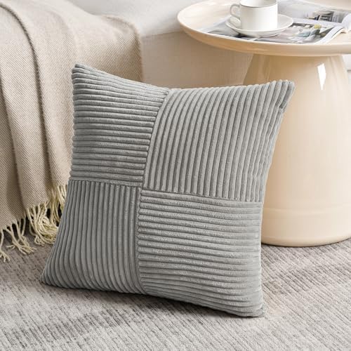 Fancy Homi 2 Packs Grey Decorative Throw Pillow Covers 18x18 Inch for Living Room Couch Bed Sofa, Rustic Farmhouse Boho Home Decor, Soft Corss Corduroy Patchwork Textured Square Cushion Case 45x45 cm - Image 2