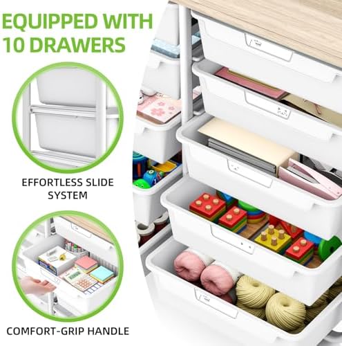 10 Drawers Rolling Cart with Wooden Tabletop, Utility Storage Cart with Wheels, Art Supply Craft Organizer on Wheel with Metal Frame & Handles for Home Office School (Pure White) - Image 4