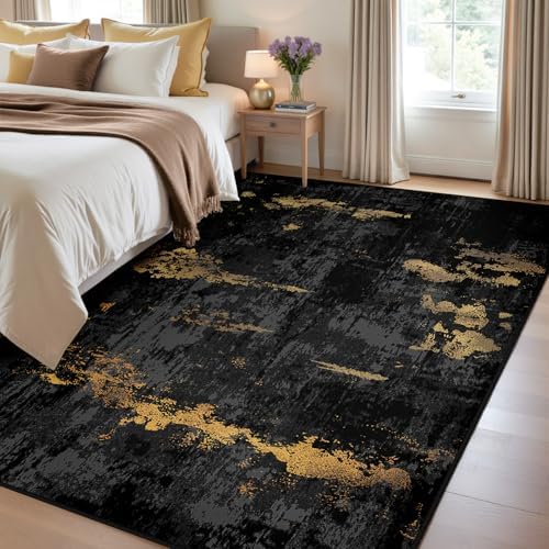 RELEANY Washable 4'x6' Abstract Area Rug for Living Room Black Gold - Image 3