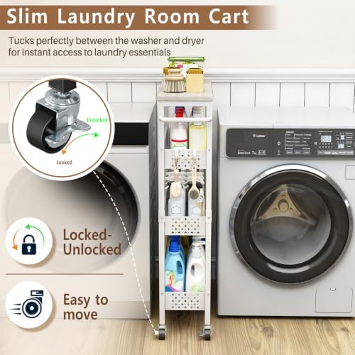 Utility Slim Rolling Storage Cart, 4-Tier Narrow Metal Organizer with Wood Top, 7.1" Width Utility Cart for Kitchen, Bathroom, Laundry Room, Small Spaces, White - Image 3