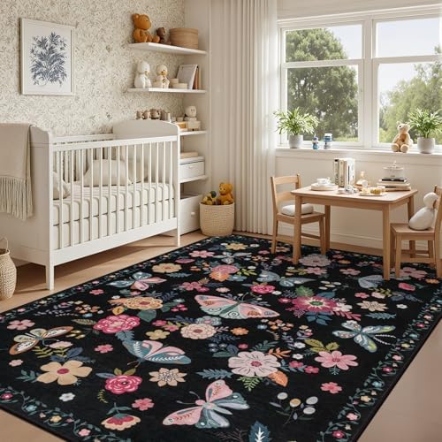 5x7 Area Rug Living Room: Soft Floral Washable Boho Carpet Black - Image 4