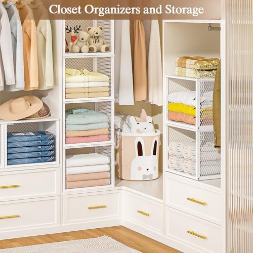 2 Pack Stackable Closet Organizers and Storage Basket, Closet Shelves with Wood Top Extra Storage, Multifunctional Clothes Organizer Bins/Cube Storage Drawer for Wardrobe Kitchen Laundry Room, White - Image 2