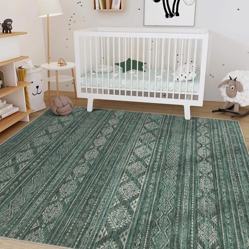 Nakagishi 7x9 Area Rugs Living Room: Washable Boho Large Neutral Soft Farmhouse Rug Stain Resistant Modern Indoor Floor Non-Slip Carpet for Bedroom Nursery Kids Playroom Office Dining Room Dorm- Green - Image 7