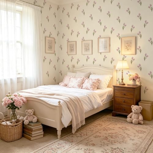 Safiyya Vintage Floral Peel and Stick Wallpaper 17.3''x197'' Retro Tulip Flower for Gilrs Room Contact Paper for Cabinets Self Adheisve Removable Wallpaper for Bedroom Accent Wall - Image 5
