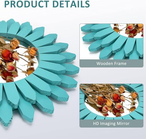 Honiway Beach Wall Decor Mirror 2 Pack 12 inch Wood Coastal Wall Decor Sunburst Boho Home Decor Room Decor for Bedroom Living Room Entryway Cyan - Image 5