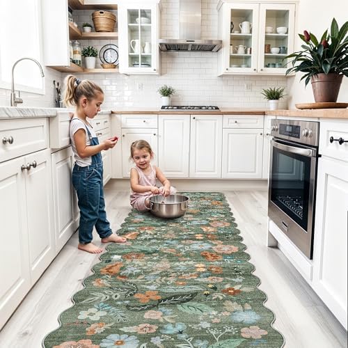 Washable 2x8 Hallway Runner Rug: Water-Resistant Kitchen Rug Soft Bedroom Carpet Non-Slip Indoor Hardwood Floor Mat for Entryway Bathroom Dining Room Boho Decorative Home Decor(2x8, Floral/Green) - Image 2