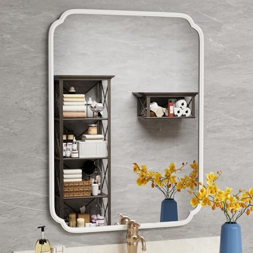 Ferytange White Bathroom Vanity Mirror for Over Sink 30" x 40" Modern Rounded Corner Rectangle Wall Mirror Decorative with Non-Rusting Iron Metal Framed (Horizontal/Vertical) by FerytangeHome