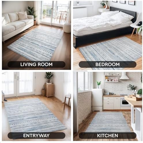 Small Area Rug-2x3 Entryway Rug Non Slip Washable Low Pile Indoor Door Mat Neutral Distressed Boho Moroccan Entrance Rugs Carpet for Bedroom Kitchen Powder Room Front Porch Bathroom, Blue - Image 7