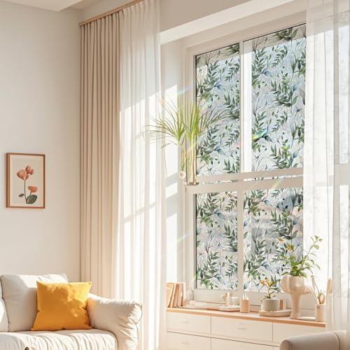 Watercolor Leaves Static Window Film Laser Suncatcher Glass Cling Privacy Decal Living Room Sun Blocking Decor Large Stickers DIY Decorations - Image 3