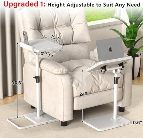 TV Tray Table for Couch, Height Adjustable/360° Swivel/180° Flip-Over Panel Design C-Shaped End Table, Sofa Arm End Side Table with Phone & Tablet Slot for Eating, Laptop,Couch Bed (White) - Image 2