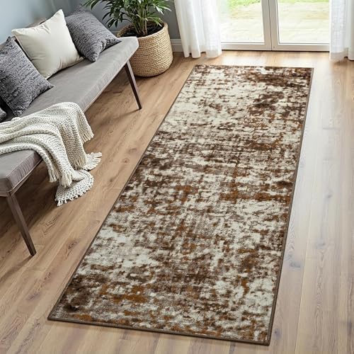 2x6 Washable Runner Rug Non Slip Runners for Hallway, Kitchen Soft Stain Resistant Floor Carpet with Rubber Backing Abstract Rugs for Entryway, Bedroom, Bathroom, Laundry Room, Brown by Enqinar