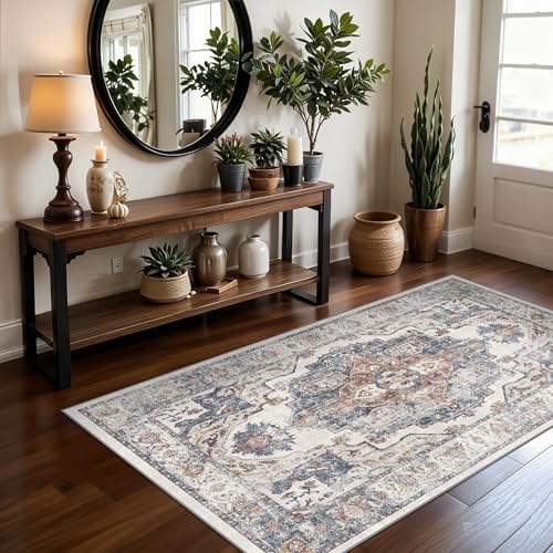 Washable 3x5 Kitchen Area Rugs: Cozy Soft Beside Low Pile Carpet for Living Room Bedroom Indoor Light-weight Doormat Anti-Slip Thin Low-Pile Rug for Entryway Nursery Small Vintage Floor Mat(3x5,Brick) by HYHAOYUNLAI