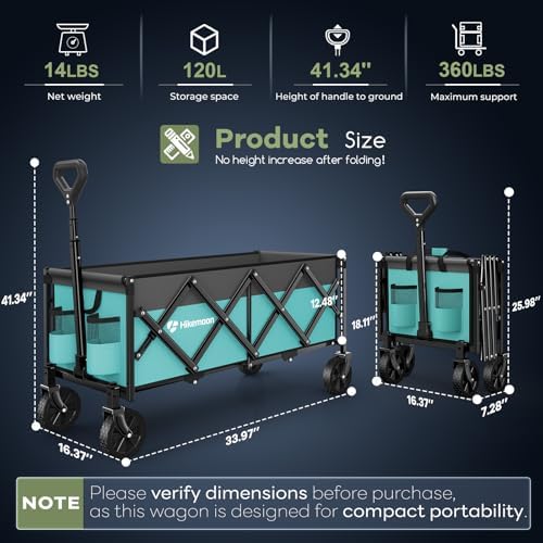 HIKEMOON 34'' Extra Long Folding Portable Wagon, 120L 360LBS Turquoise - Image 2