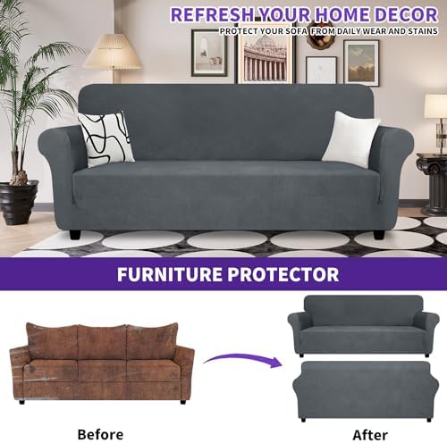 ZNSAYOTX Oversized Super Stretch Couch Cover (92"-115"), New Striped Sofa Covers Comfortable & Durable, Dog Cat Pets Friendly Extra Large Spandex Sofa Slipcovers (Dark Grey, XL Sofa) - Image 2