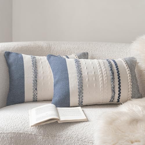 Cethom Boho Throw Pillow Covers 12x20 Inch Set of 2, Navy Blue Textured Decorative Couch Pillow Cases for Farmhouse Home Decor, Accent Cushion Cover for Sofa, Bed, Living Room, Bedroom by Cethom