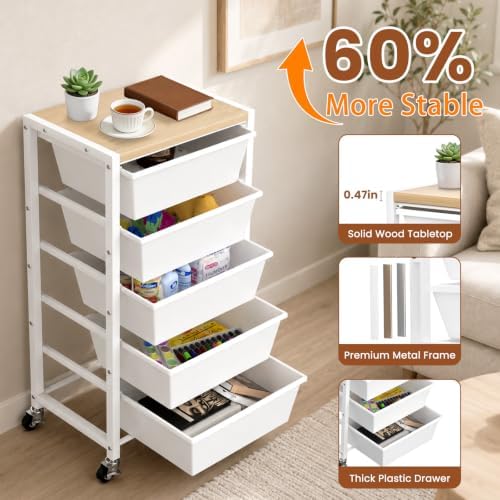 Rolling Cart with 5 Drawers, Plastic Drawer Storage Carts with Wheels & Wooden Tabletop, Metal Utility Cart for Office Bedroom Living Room Classroom, Craft Organization and Storage, White - Image 5
