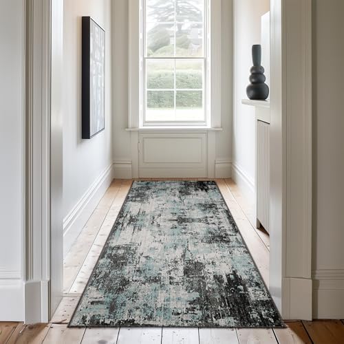 RELEANY Washable Runner 2'x8' Abstract Area Rug for Hallway Teal Black by RELEANY