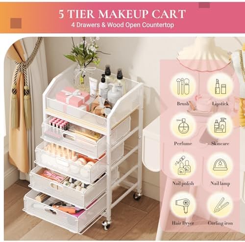 Goovilla Rolling Makeup Organizer Cart with Drawers, 5 Tier Metal, White - Image 2