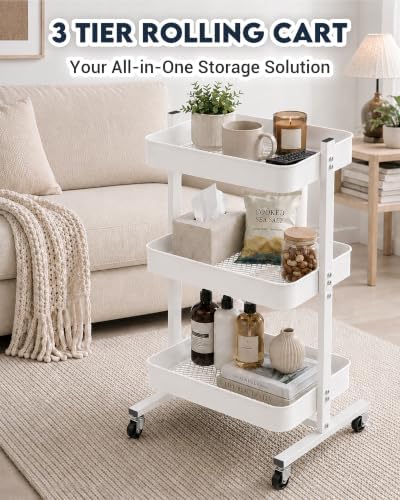 ZOES HOMEWARE 3 Tier Metal Rolling Cart by T-Frame Design on Wheels,White - Image 2