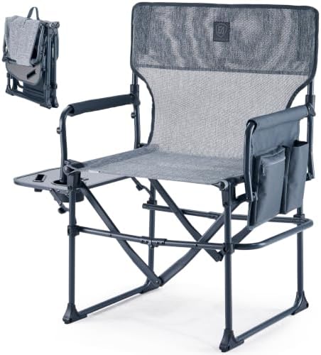EVER ADVANCED Camping Directors' Chair with Side Table, Portable Folding with Compact Size, Breathable & Quick Dry Design Heavy Duty Lawn Chair with Pocket, 400lbs, Elastic Mesh, Grey by EVERADVANCED