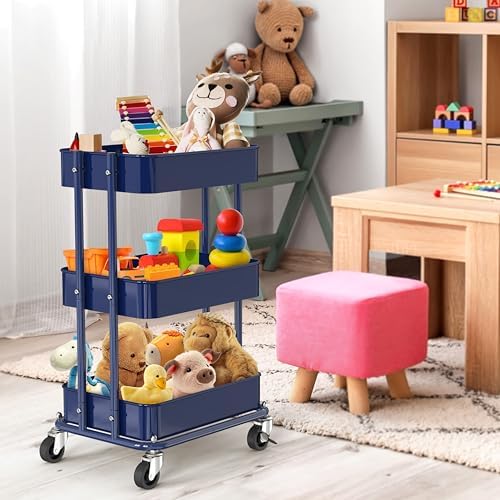 Simple Houseware 3-Tier Utility Cart, Low 24" Height Fits Under Desk, Navy - Image 5