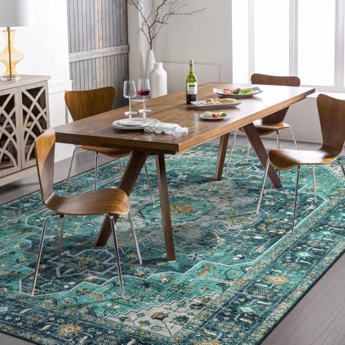 Moynesa Ultra-Thin Washable 10x14 Area Rugs for Living Room, Teal Large Living Room Rug Non Slip, Vintage Oriental Indoor Floor Carpet for Dining Room Table Dorm Home Office Decor - Image 4