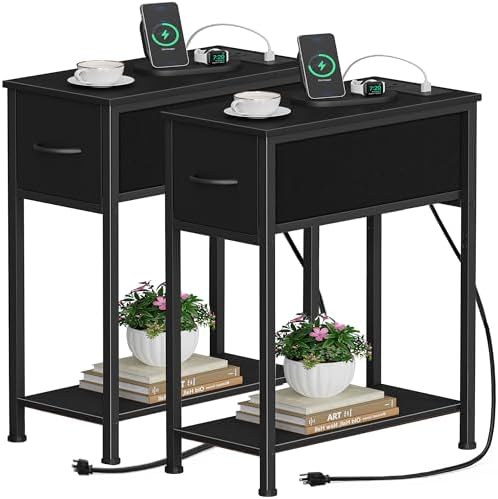 Vagusicc End Table Set of 2 with Charging Station, Small Side Table with Fabric Drawer and Bottom Storage Shelf, Narrow Nightstand Beside Table for Small Spaces, Living Room, Bedroom, Black by Vagusicc